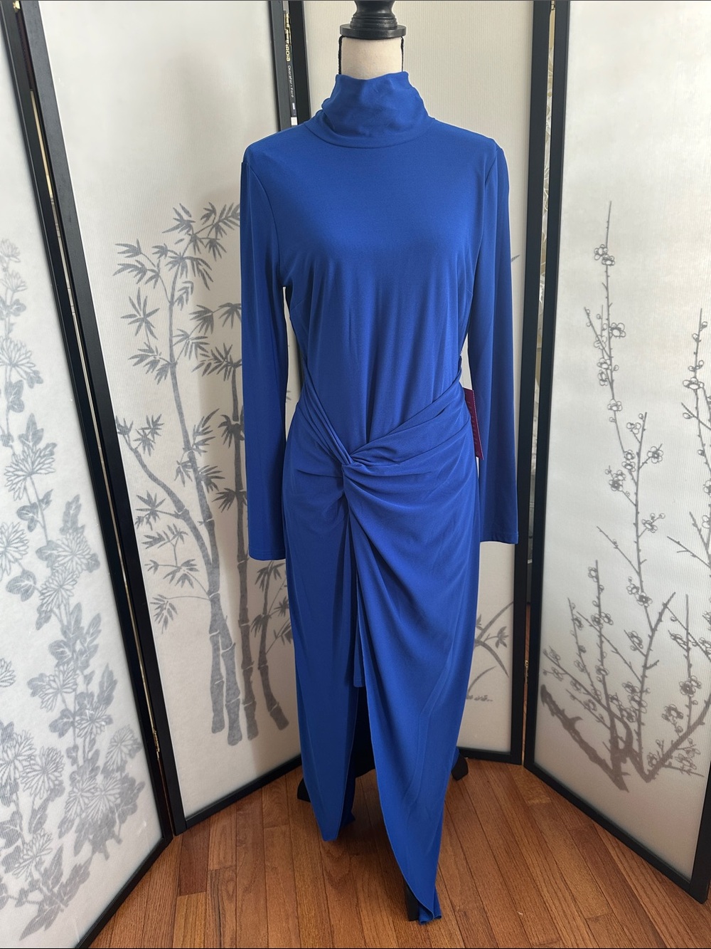 Badgley Mischka Royal Blue Long Sleeve Twist-Waist Maxi/Mini Dress -see photos